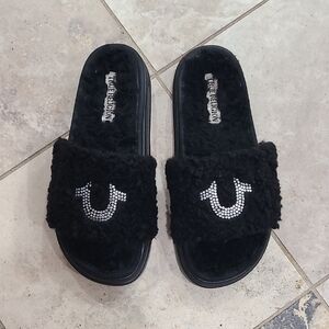 True Religion Black Fuzzy Slides with Rhinestone Detail